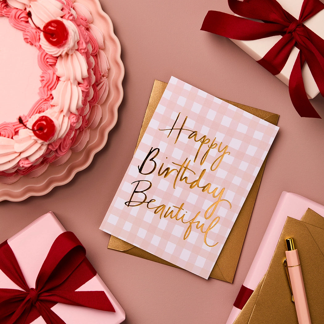 Birthday | Happy Birthday Beautiful - Pink Check